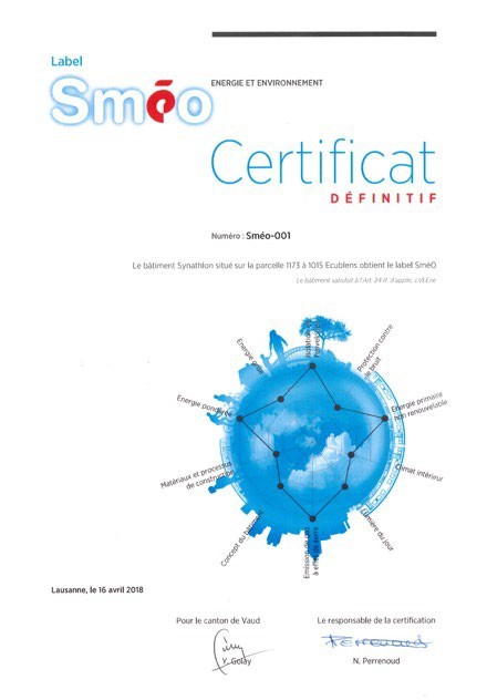 Certificat SméO - Energie et environnement - Le Synathlon, UNIL Lausanne